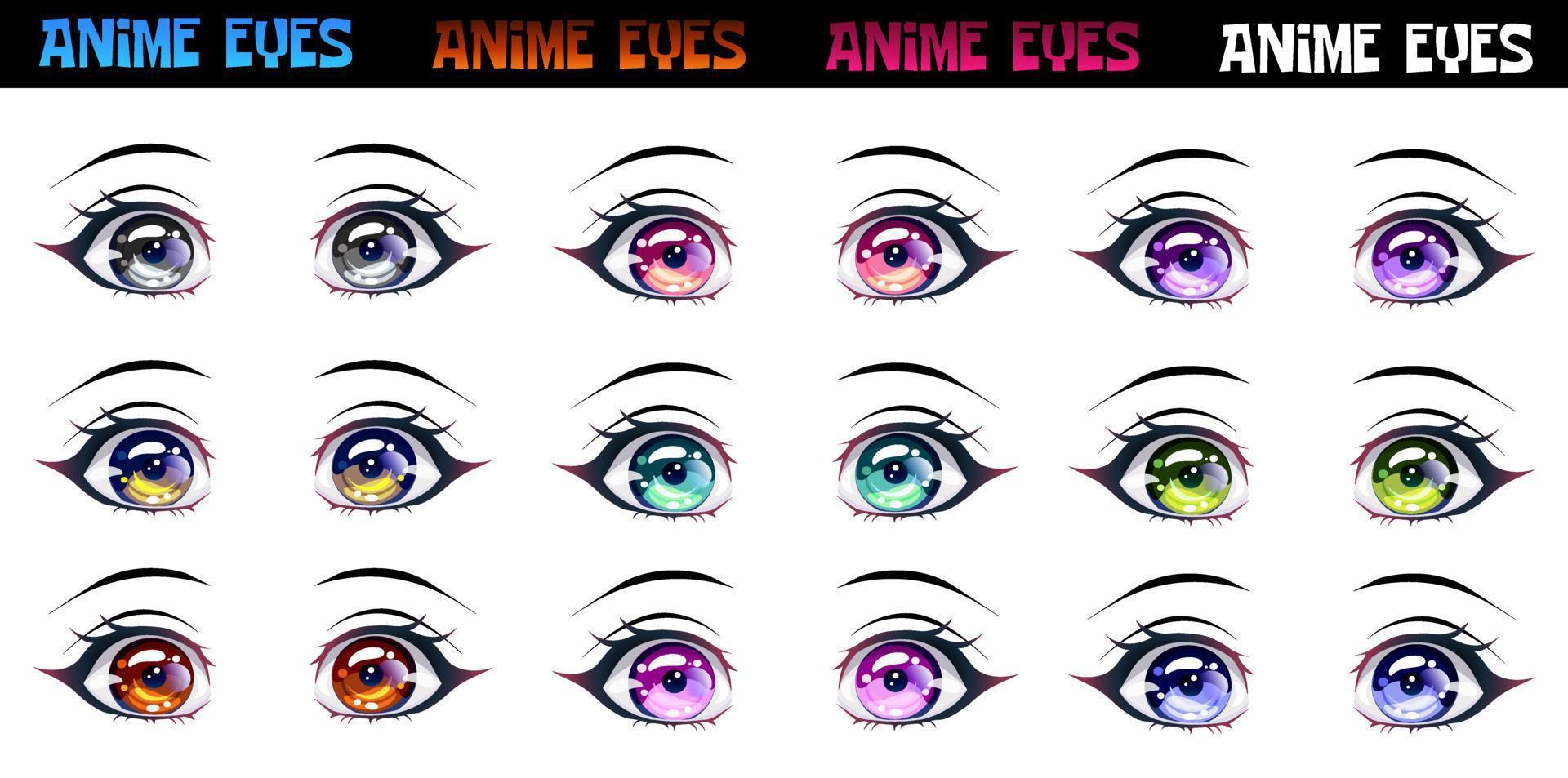 Set of female eyes of different colors in the style of anime or manga.  The image is separated from the white background. vector