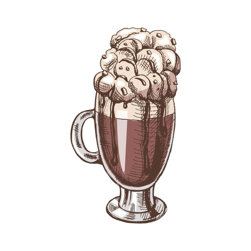 A hand-drawn colored  sketch of hot chocolate with whipped cream. Vintage illustration, doodle. Element for the design of labels, packaging and postcards. vector