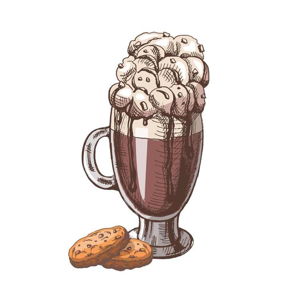 A hand-drawn colored  sketch of hot chocolate with whipped cream and cookies. Vintage illustration, doodle. Element for the design of labels, packaging and postcards. vector