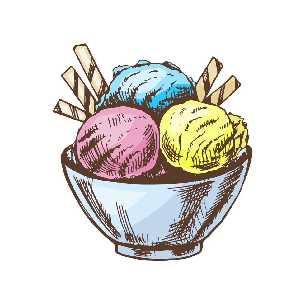 A hand-drawn colored sketch of an ice cream balls  in a bowl. Vintage illustration. Element for the design of labels, packaging and postcards. vector