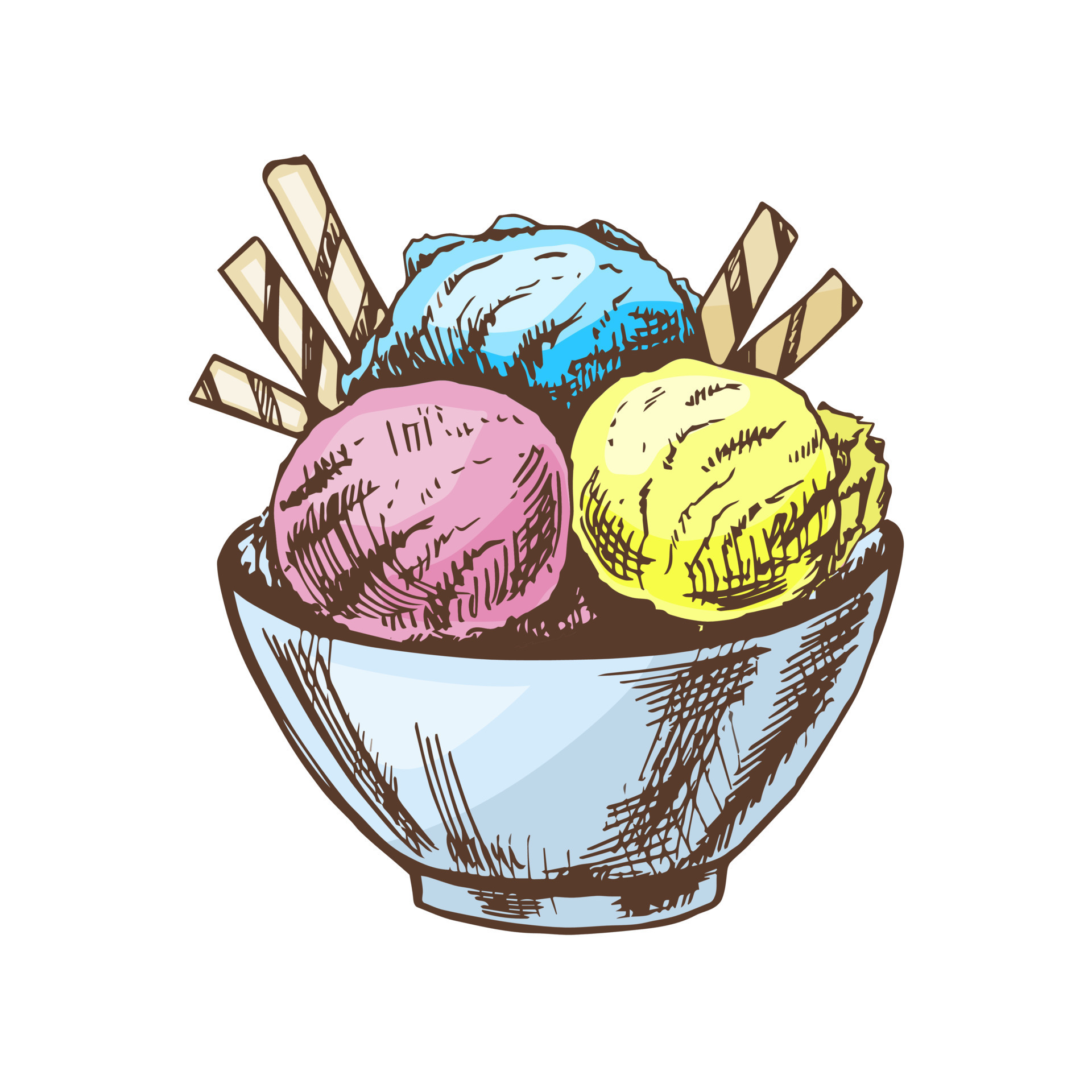 A handdrawn colored sketch of an ice cream balls in a bowl. Vintage