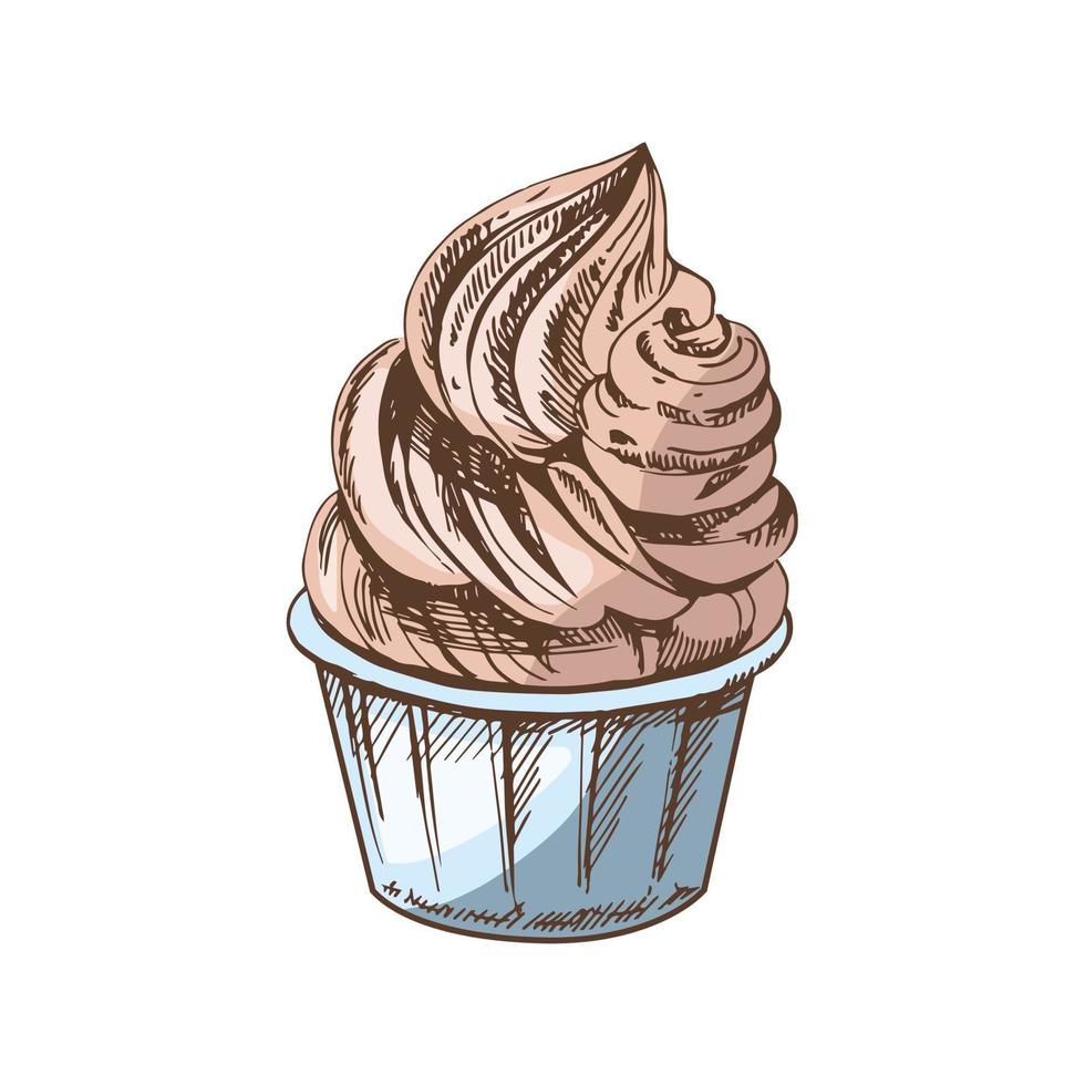 A hand-drawn colored sketch of  frozen yogurt or soft ice cream, cupcake in a cup. Vintage illustration. Element for the design of labels, packaging and postcards. vector