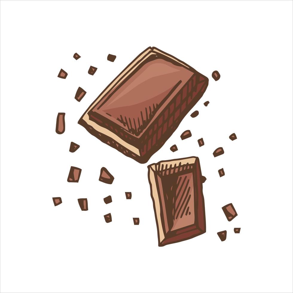 A hand-drawn colored  sketch of pieces of chocolate bars. Vintage illustration. Element for the design of labels, packaging and postcards. vector