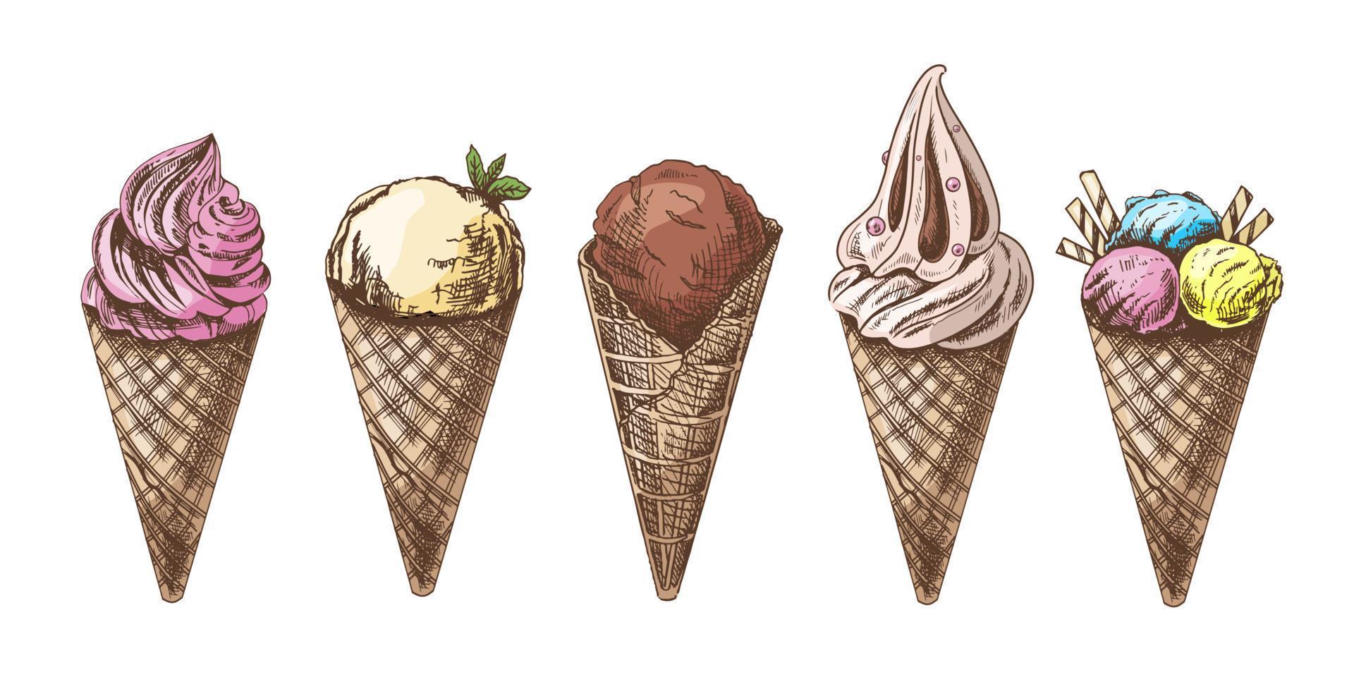 A hand-drawn colored  sketch of a waffle cones with ice cream or frozen yoghurt. Vintage illustration. Set. Element for the design of labels, packaging and postcards. vector