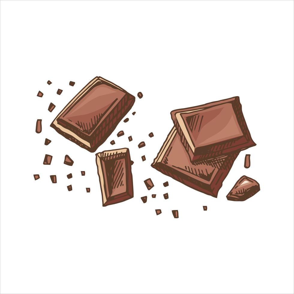 A hand-drawn colored sketch of pieces of chocolate bars. Vintage illustration. Element for the design of labels, packaging and postcards. vector