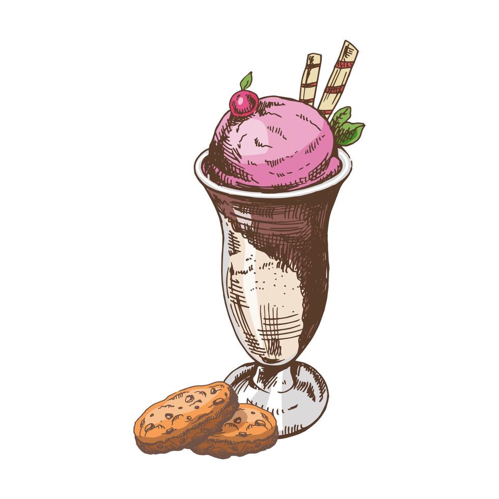 A hand-drawn colored sketch of  ice cream balls in a cup, pieces of chocolate, strawberry, cookies. Vintage illustration. Element for the design of labels, packaging and postcards. vector