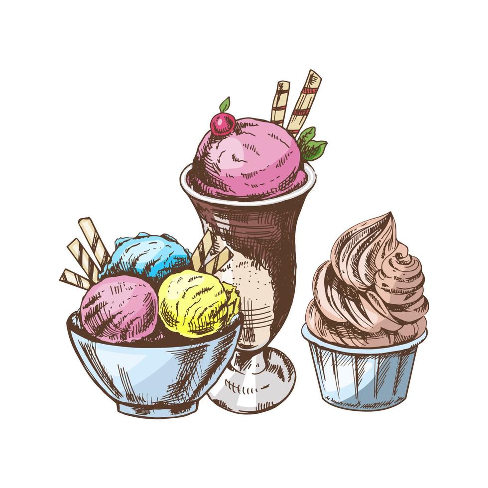 A hand-drawn colored sketch of  ice cream balls in a cup, froze yoghurt. Vintage illustration. Element for the design of labels, packaging and postcards. vector