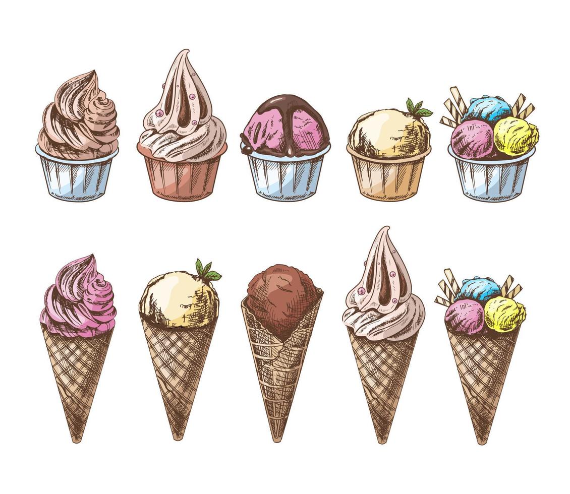 A hand-drawn colored sketch of a waffle cones and ice cream balls, frozen yoghurt or cupcakes in cups. Vintage illustration. Set. Element for the design of labels, packaging and postcards. vector