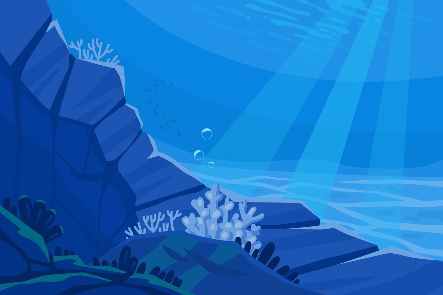 Undersea bottom with corals and seaweeds. Cartoon vector illustration