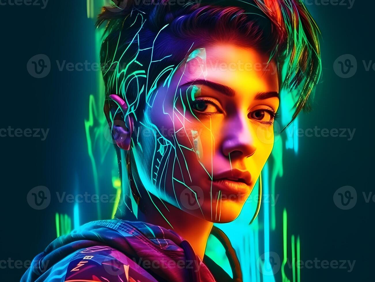 mujer cara perfil con cyberpunk estilo, ai generado foto