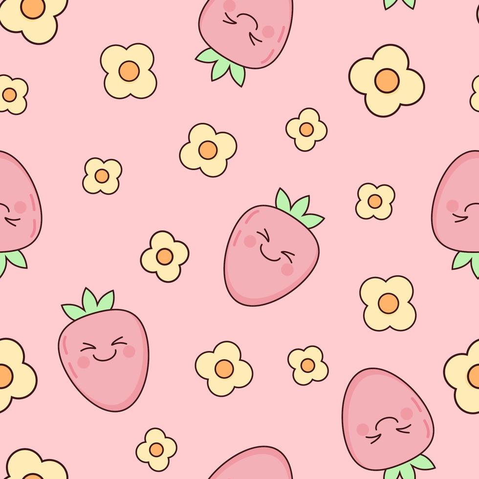 Cute delicate pink seamless pattern with kawaii strawberries and flowers vector