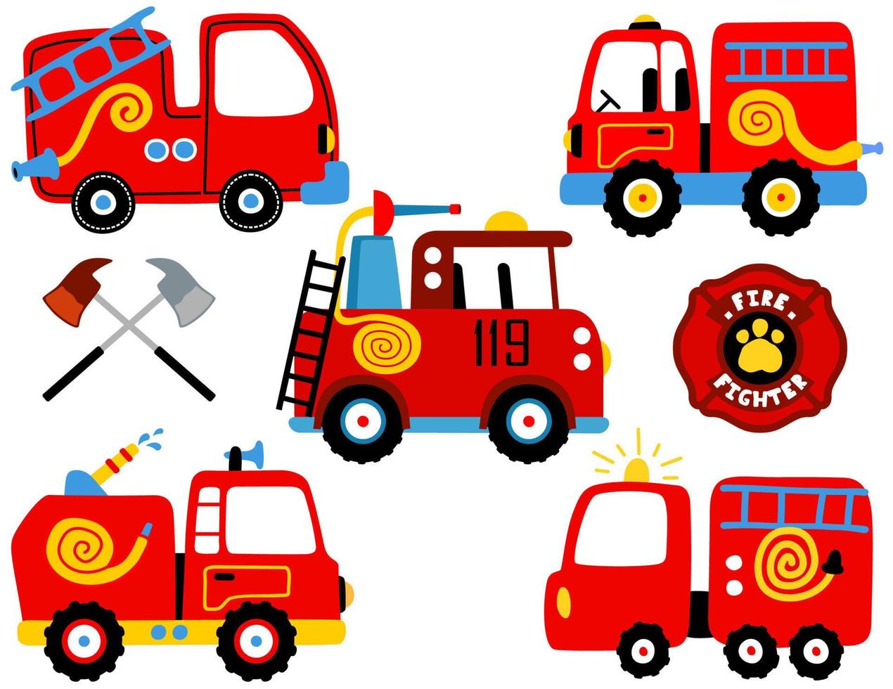 Vector set of fire engine cartoon with firefighter element