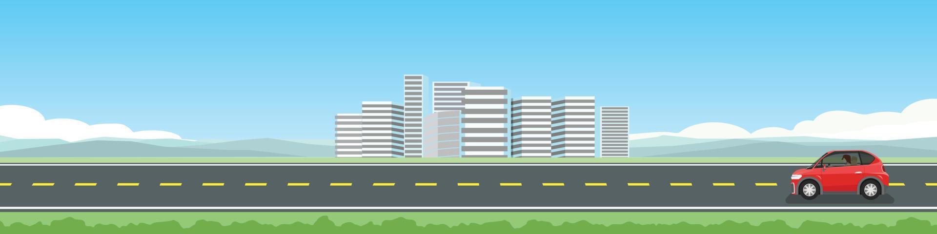 paisaje de transporte de asfalto la carretera para bandera. de viaje de hatchback pasajero Deportes coche conducción solo en el la carretera. residencial edificios como grande ciudad como centro. Copiar espacio plano vector. vector