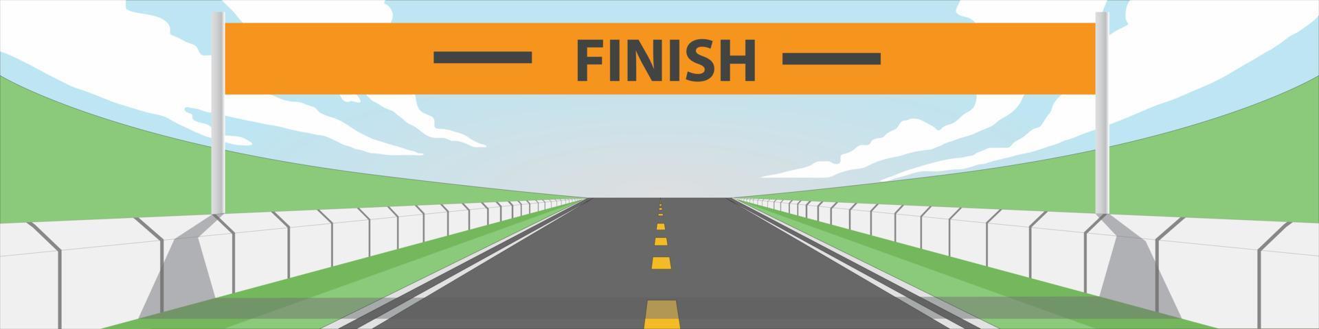 Vecter or Illustrator poster. Landscape view of empty race track with sign of finish. Asphalt road that slopes straight ahead. Curved lawn with wide view under blue sky and white clouds. vector