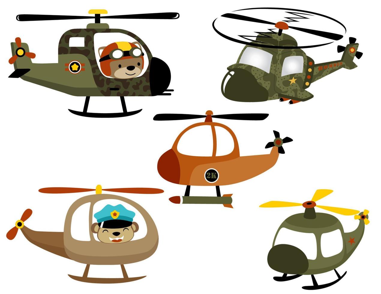 vector set of helicopter cartoon with funny animals pilot
