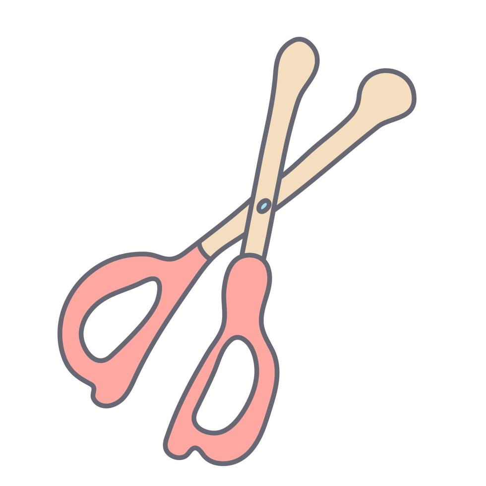 Baby nail scissors with rounded edges in color doodle style. Flat style with outline. Hand drawn vector illustration isolated on white background. Pastel colors, pink, beige.