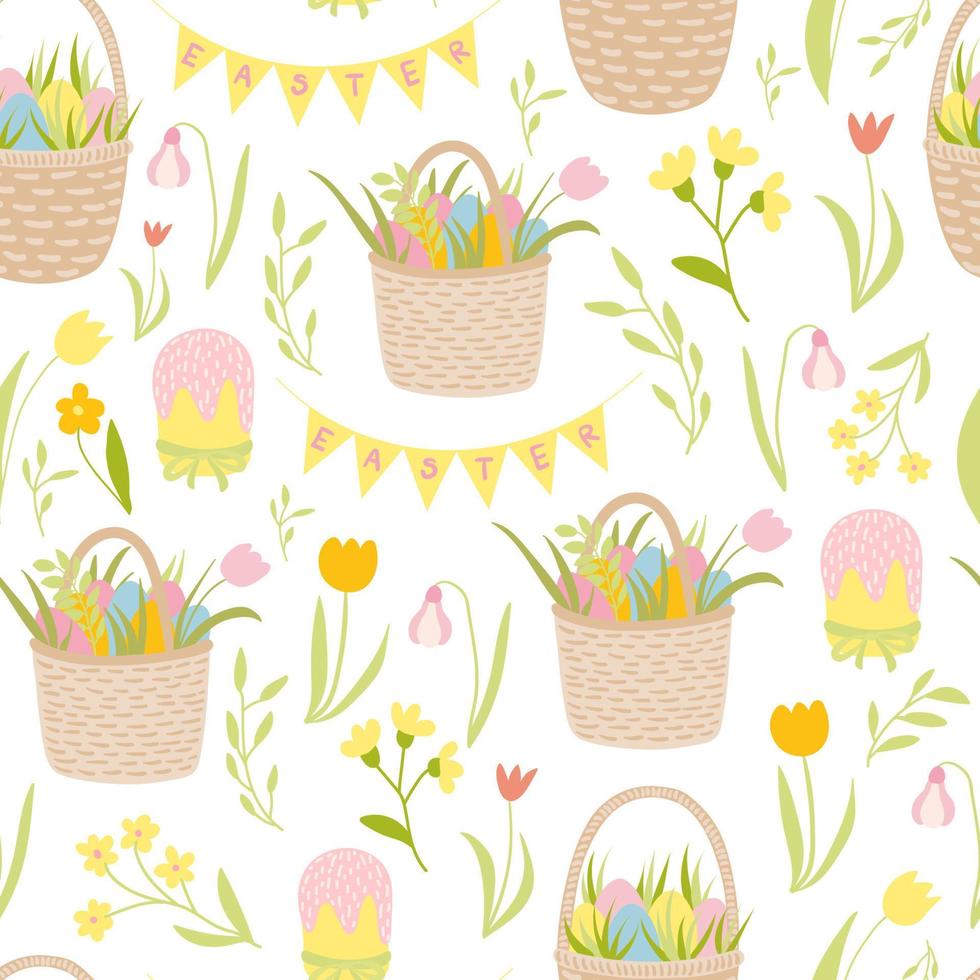 Easter holiday vector seamless pattern. Easter wicker baskets with eggs, cake, flower, tulip, daisy, hanging garland, leaves. Wrapping paper, wallpaper, textile, stickers.