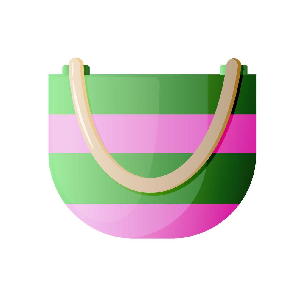 Vector illustration of woman bag in cartoon style. Pink and green lines on beach bag.