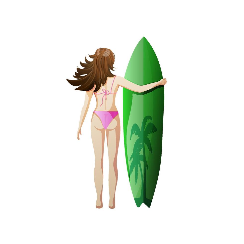 Young woman in swimsuit with surfboard vector Illustration isolated on a white background.