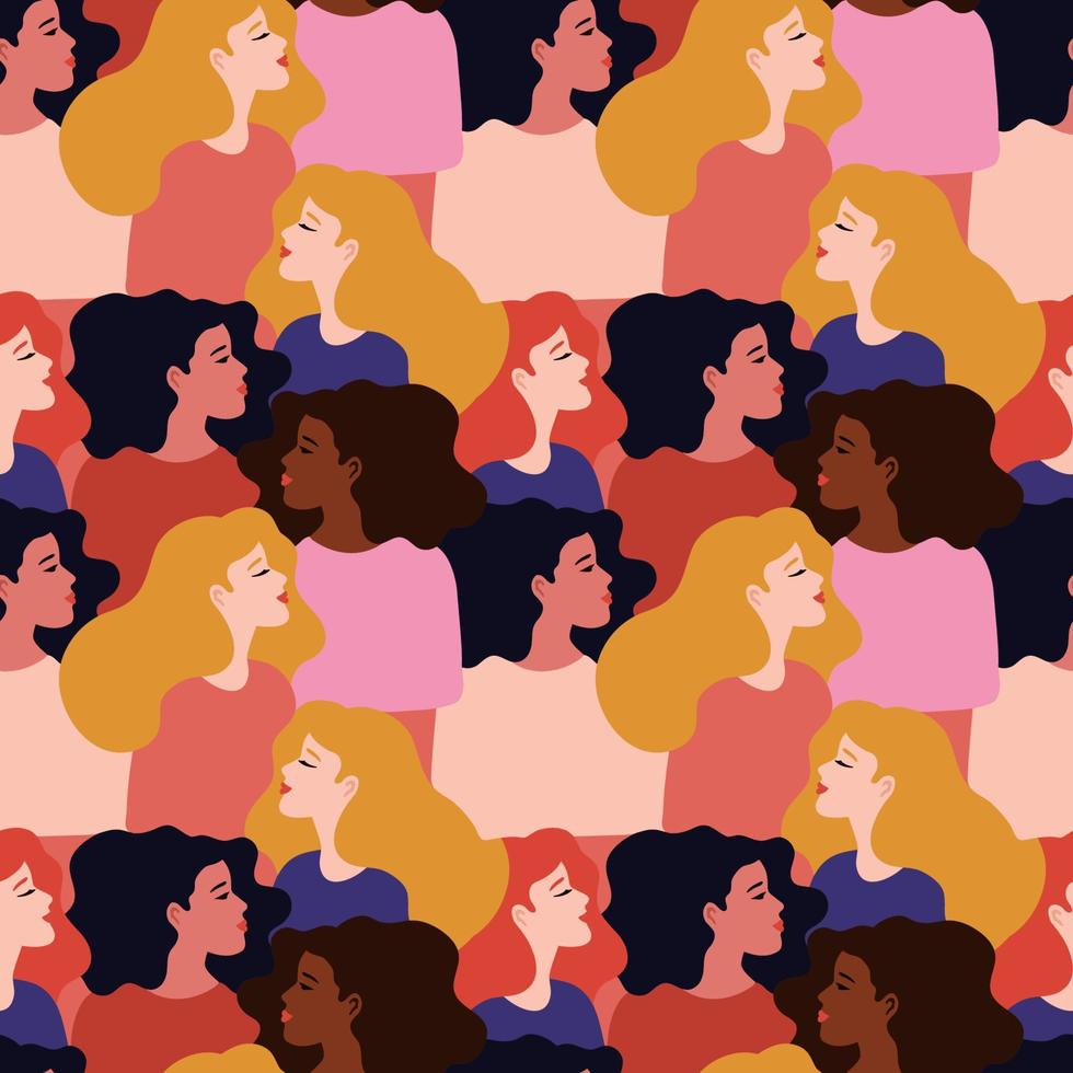 Seamless pattern with young women with different skin color.Social diversity. Vector illustration