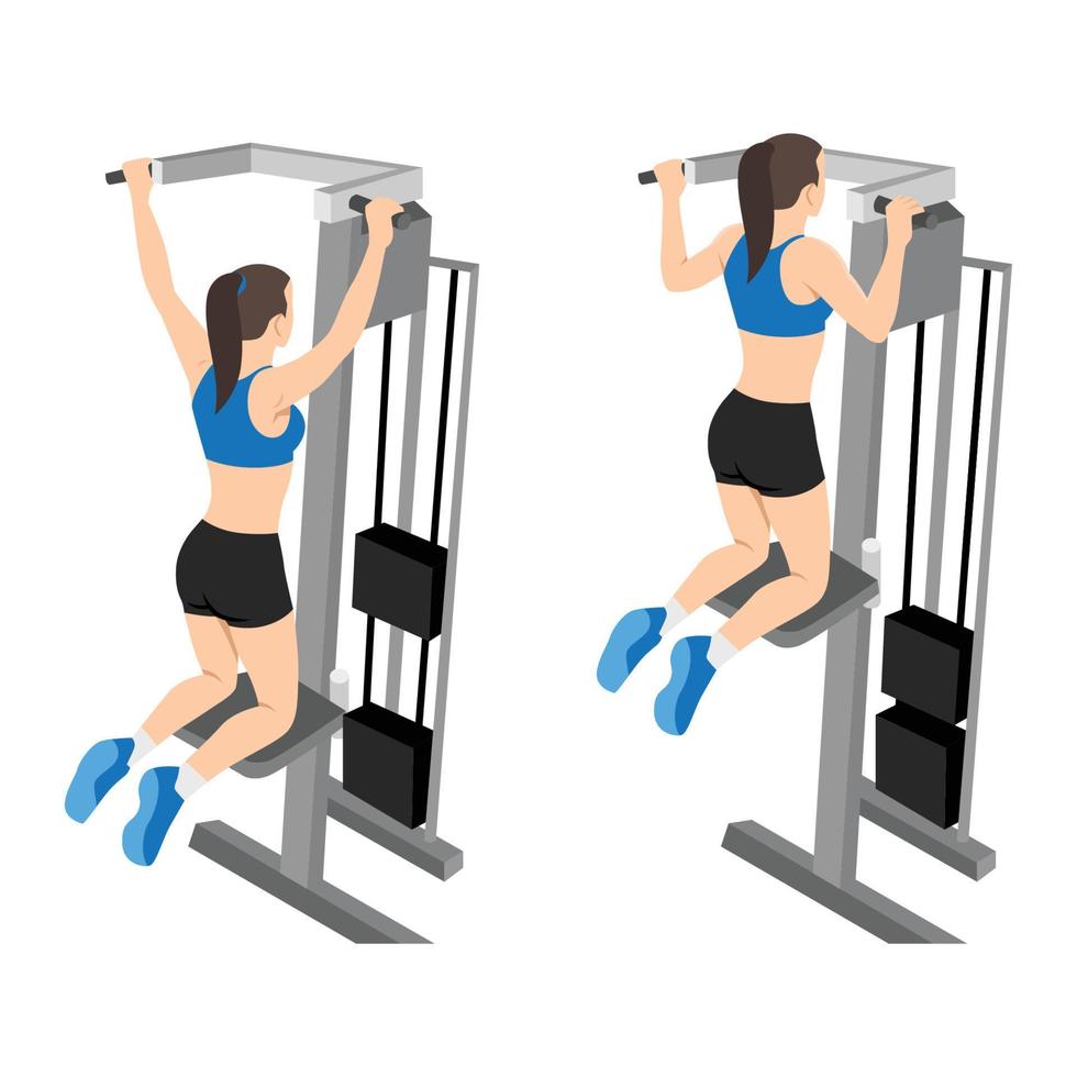 Woman doing pull ups exercise. Machine or assisted pull up vector