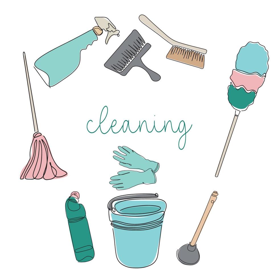 Background of cleaning equipment. Vector illustration isolated on a white background. Cleaning tools in one line.