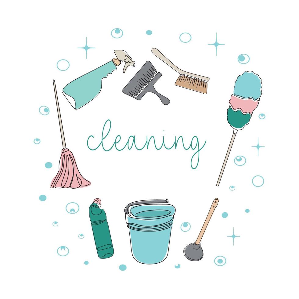 Background of cleaning equipment. Vector illustration isolated on a white background. Cleaning tools in one line.