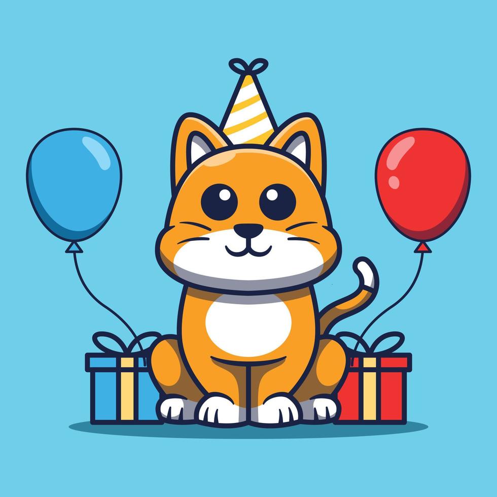 Cute Cat Celebrating Birthday With Hat, Gift And Birthday Balloons Cartoon Vector Illustration.