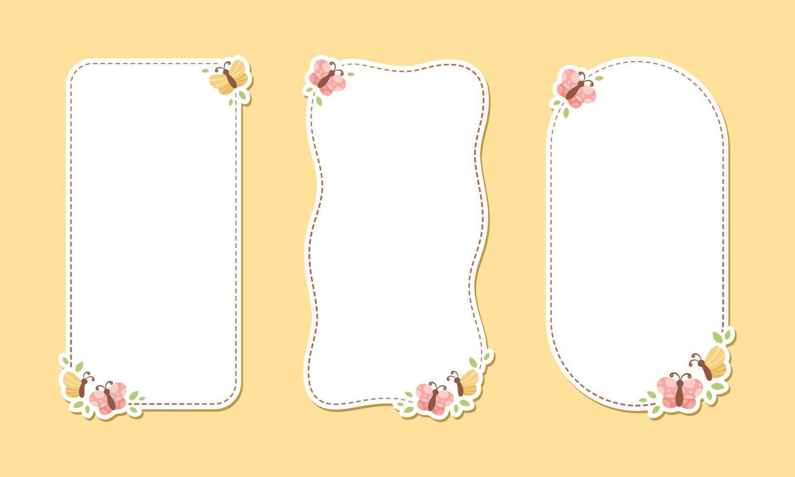 Cute Floral Butterfly Frame Set. Spring Summer Vertical Border Vector Illustration.