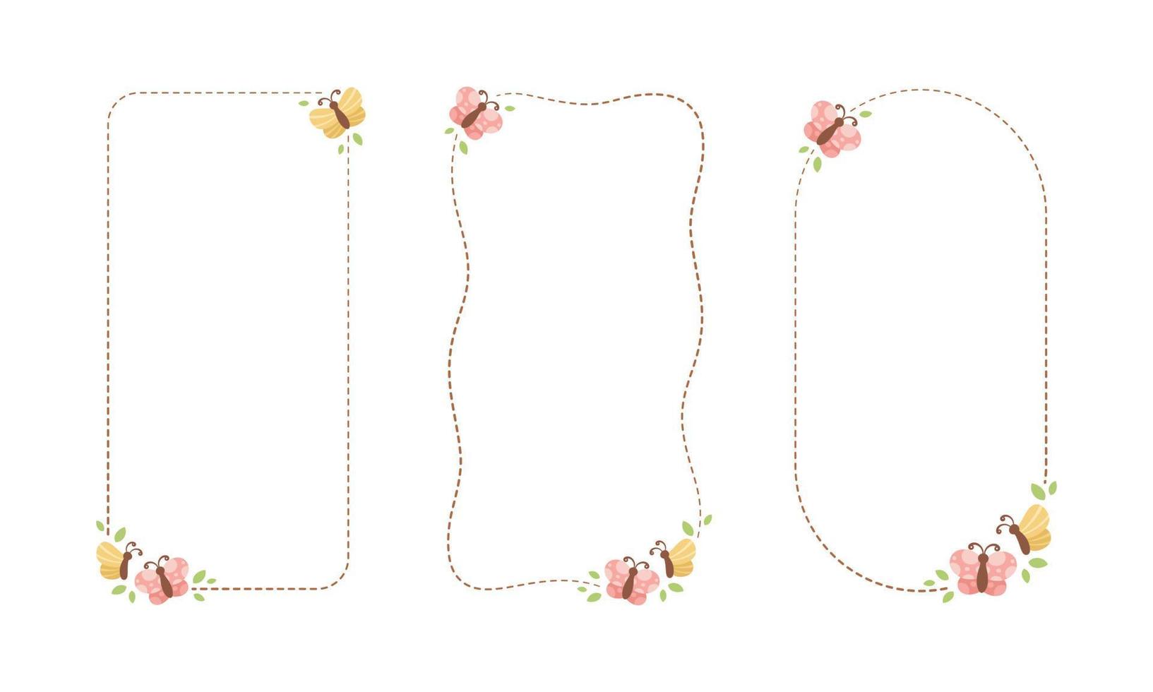 Cute Floral Butterfly Frame Set. Spring Summer Vertical Border Vector Illustration.