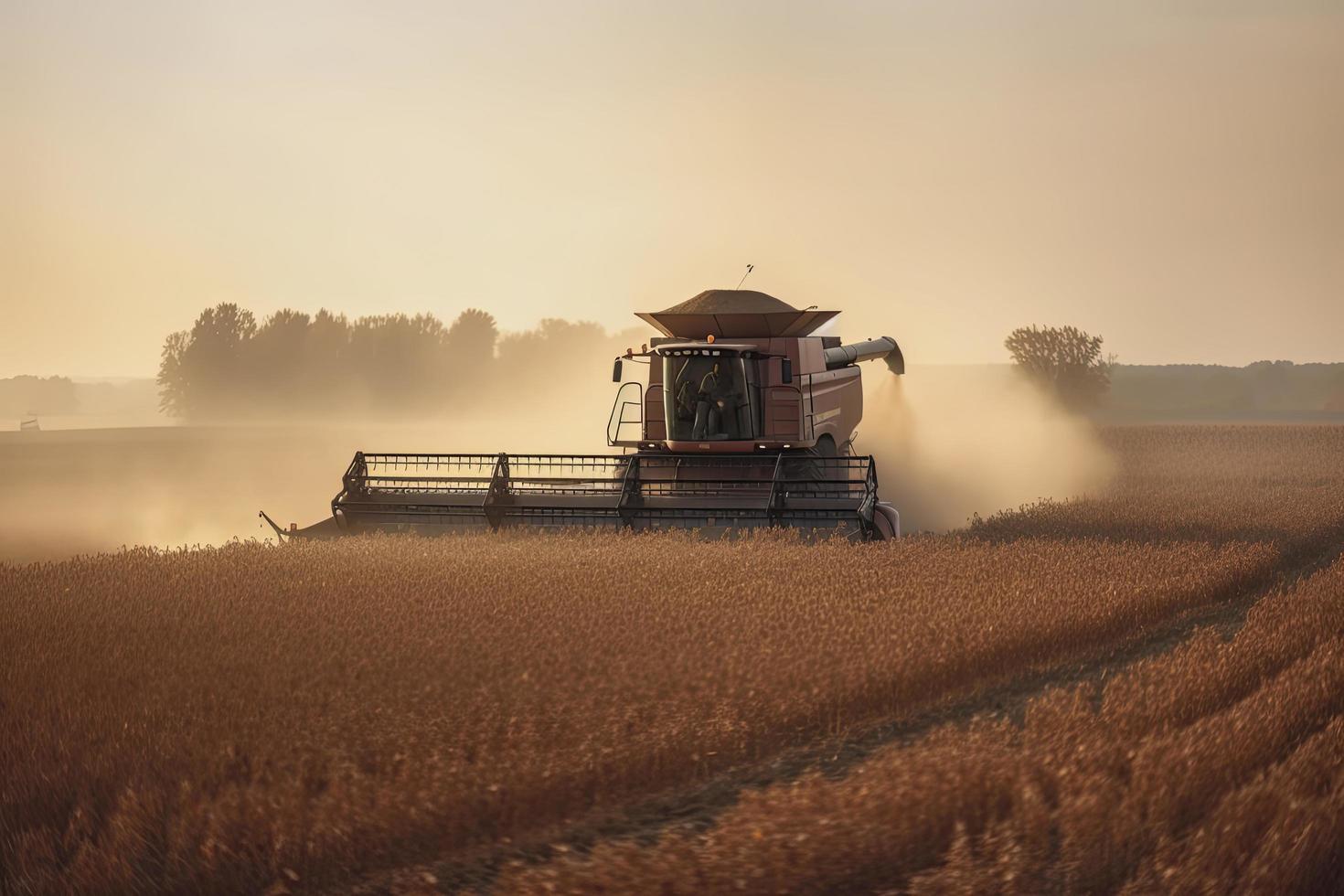 Harvesting of soybean field with combine photo