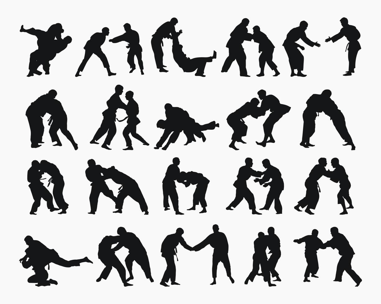 Vector set 20 silhouettes judoist, judoka, fighter in a duel, fight, judo sport. Martial art. Sportsmanship. Sport silhouettes pack