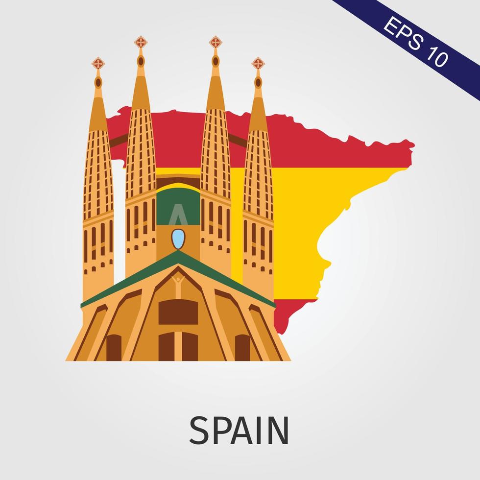 España mapa concepto con bandera y famoso punto de referencia para viaje tarjeta postal y póster, folleto, publicidad en papel cortar estilo vector ilustración