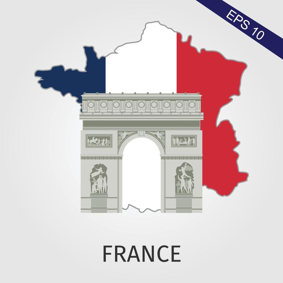 Map of France with world famous landmarks in paper cut style vector illustration