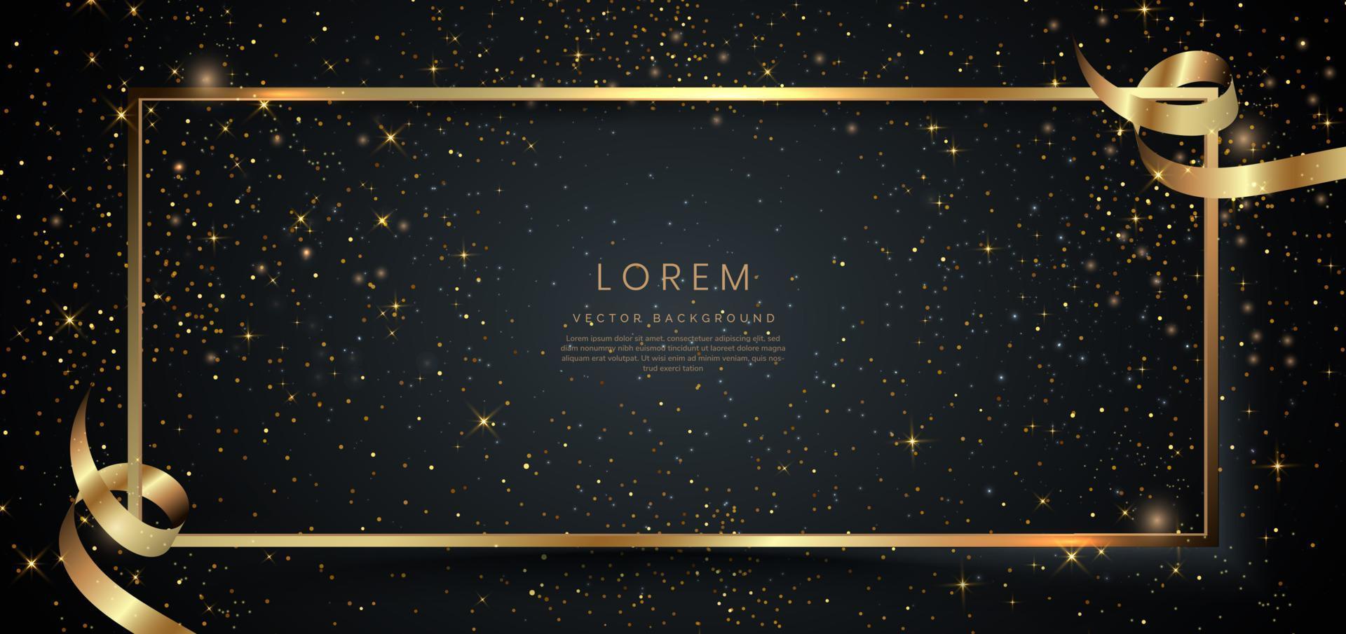 Luxury frame golden design style and gold curved ribbon on black background with lighting effect and glitter with copy space for text. vector