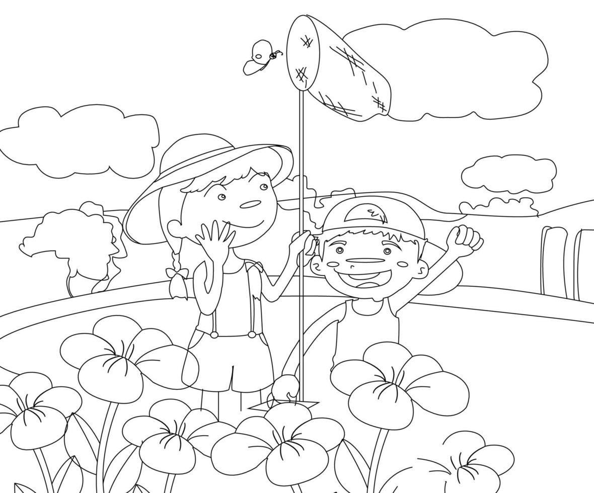 vector illustration of the cute children play to catch the butterfly in the yard.