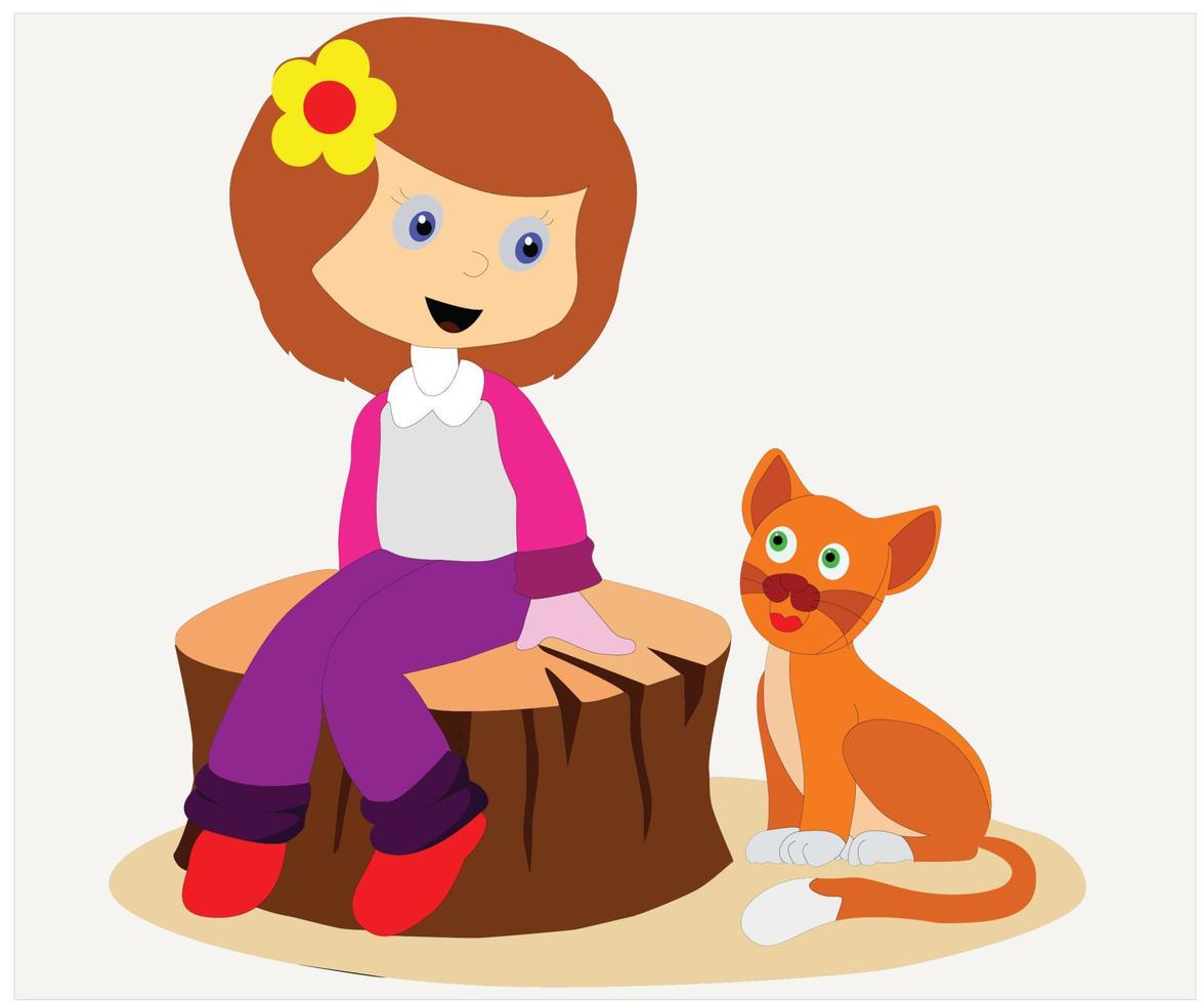 a girl is plaing with her cute cat. vector illustration for kids