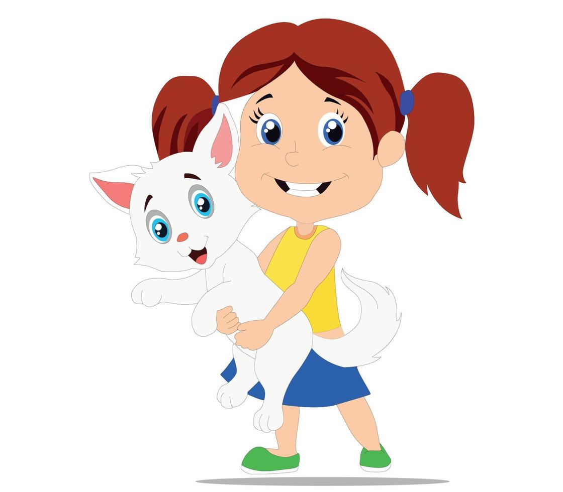 a girl is plaing with her cute cat. vector illustration for kids