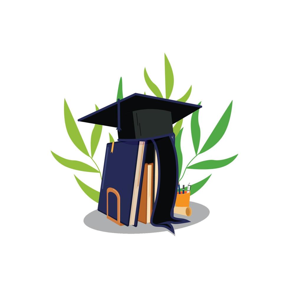 A vector illustration of books lined up with graduation caps on top. This illustration has a flat style with bright colors and simple shapes. This illustration can be used for education and graduation