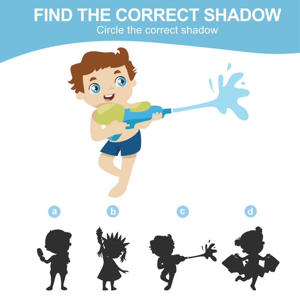 Find the correct shadow. Matching shadow game for children. Worksheet for kid. Educational printable worksheet. Vector illustration.