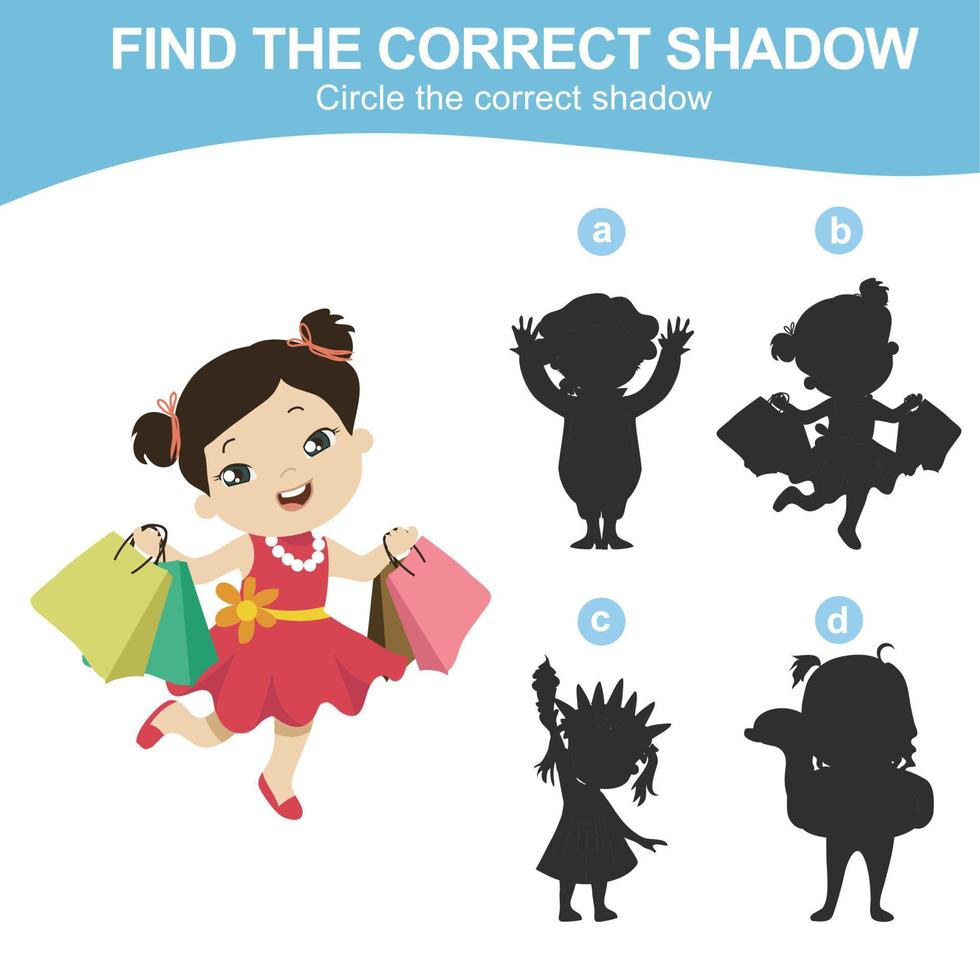 Find the correct shadow. Matching shadow game for children. Worksheet for kid. Educational printable worksheet. Vector illustration.