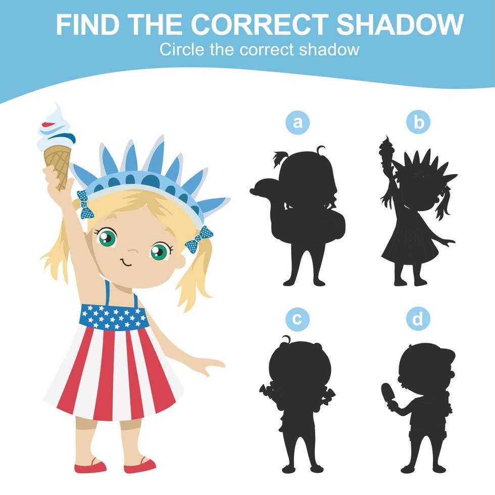 Find the correct shadow. Matching shadow game for children. Worksheet for kid. Educational printable worksheet. Vector illustration.