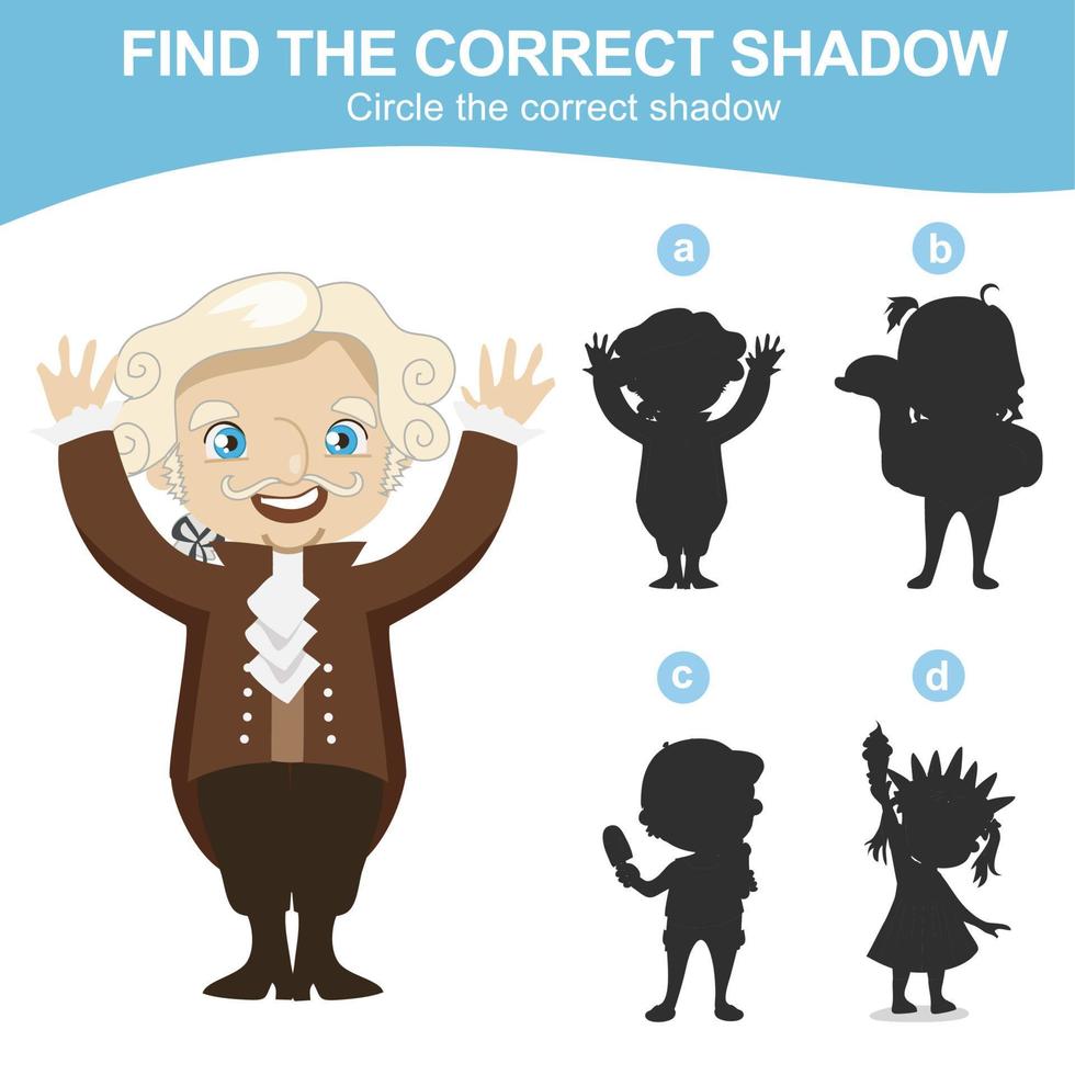 Find the correct shadow. Matching shadow game for children. Worksheet for kid. Educational printable worksheet. Vector illustration.