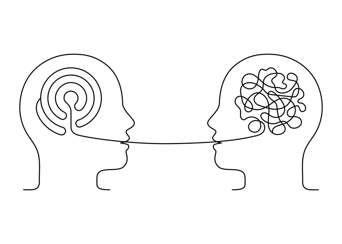 People talk, therapy speech outline. Tangle confused and untangle logic thinking brain. Psychotherapy communication. Conversation two person, dialog speak. Vector continuous line illustration