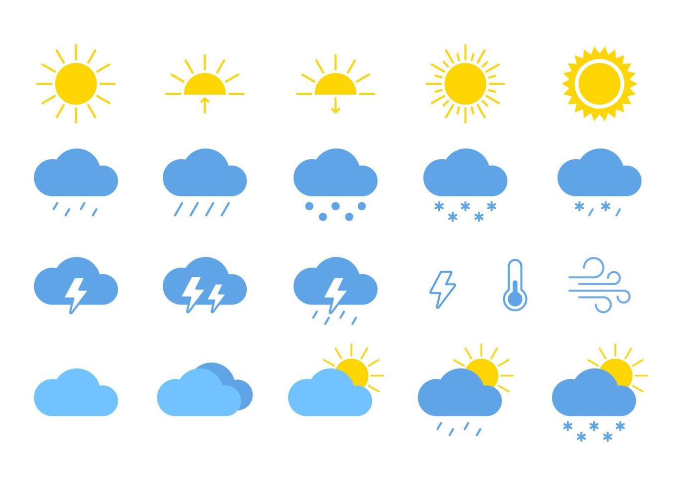 Weather sun, cloud, rain, icon set. Environment sunshine, thunder, storm, wind, snow cloud. Vector simple sign