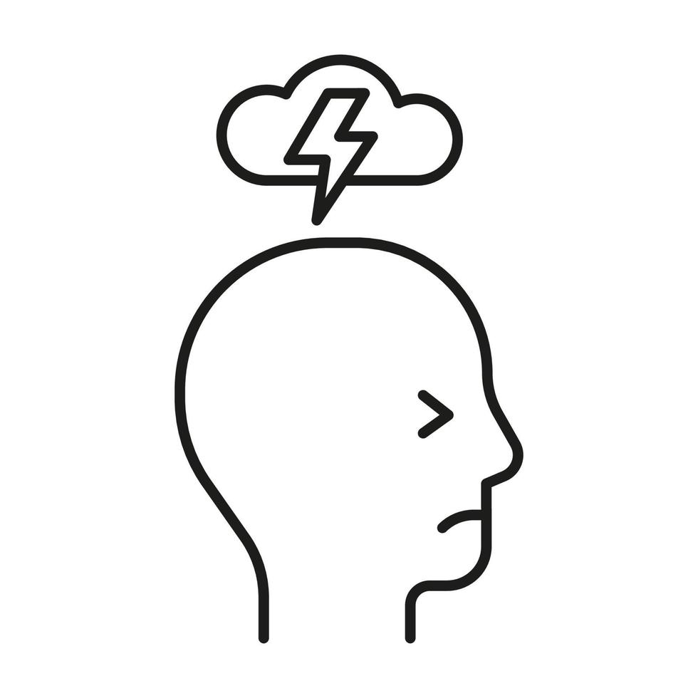 Head profile with stress, bad mental health and mood, line icon. Face with storm, cloud and lightning. Mind, psychology. Vector