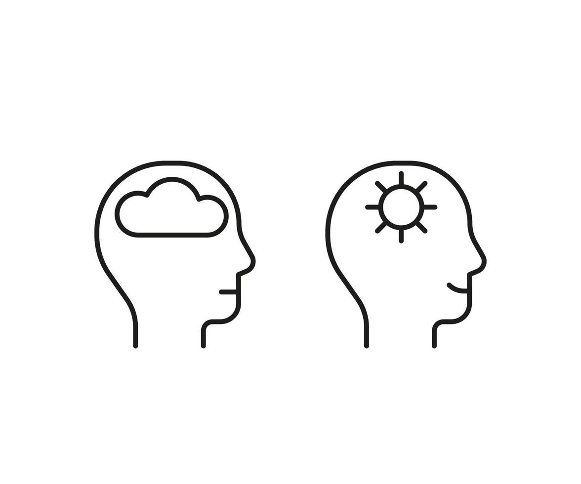 Head inside calm, positive think,line icon. Face with cloud and clear sky, sun. Control of mind, psychology. Vector illustration