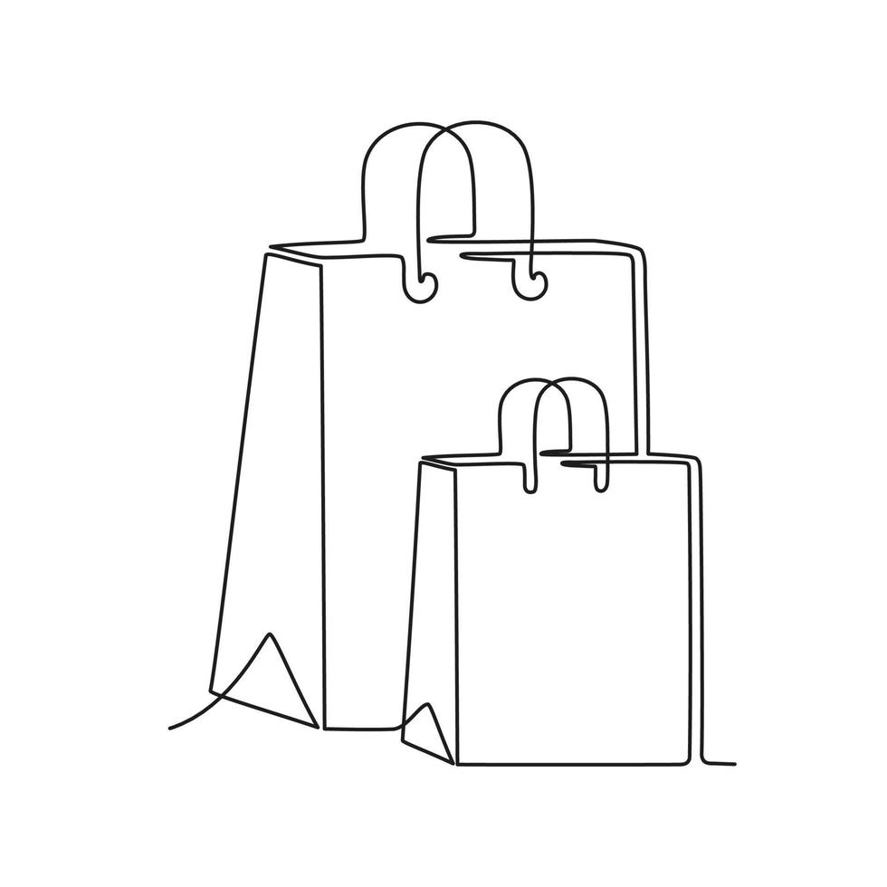 Shopping paper bag with handle, template continuous line art drawing. Craft paper pack for gift, food, item. Packet, retail package. Take Away, delivery. Black linear sketch, single one line. Vector