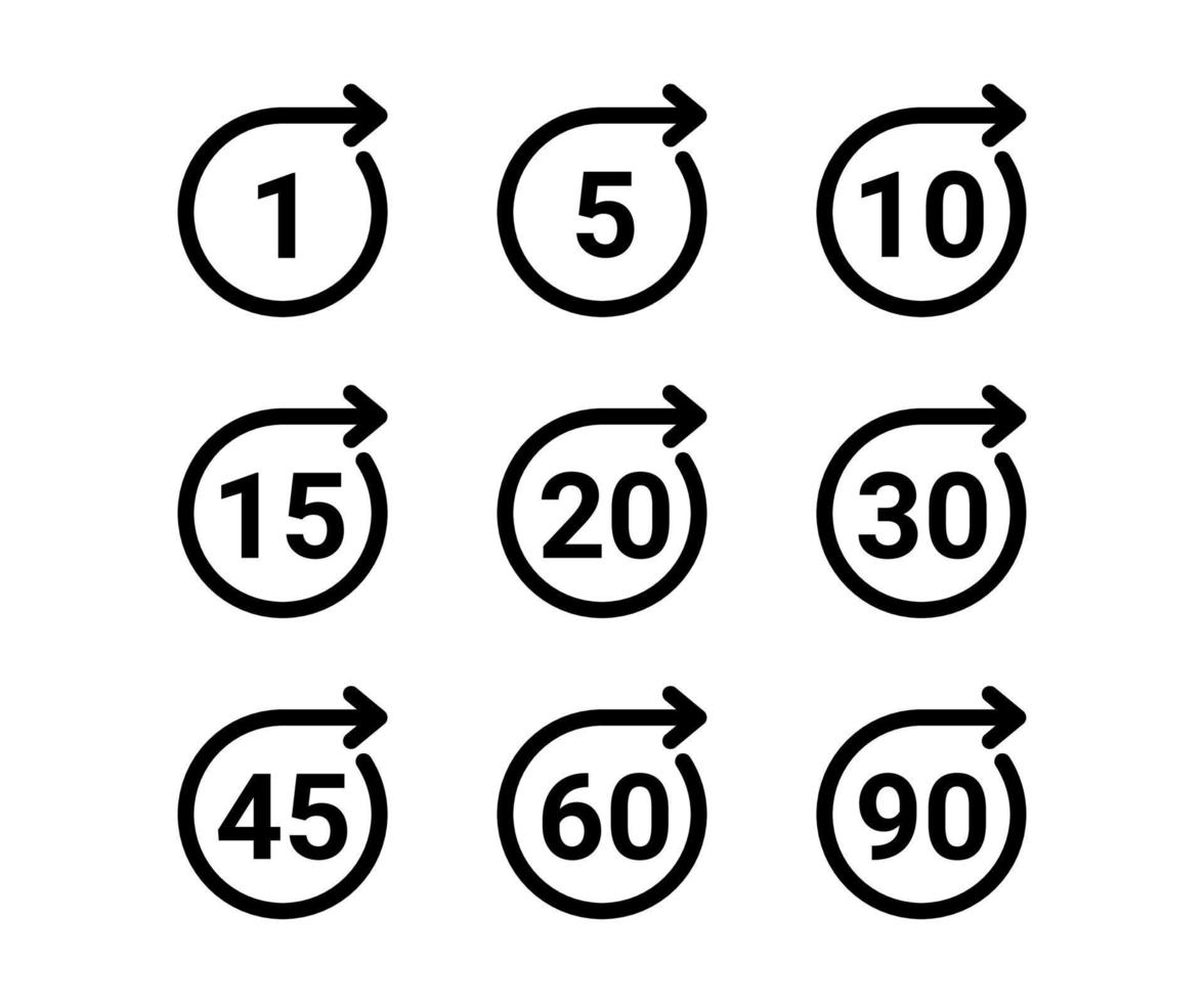 Time and clock, countdown timer of circle arrow with number icon set. Sign one minute, five, ten, fifteen or more minutes. Circular loop indicates deadline or cooking time. Vector illustration