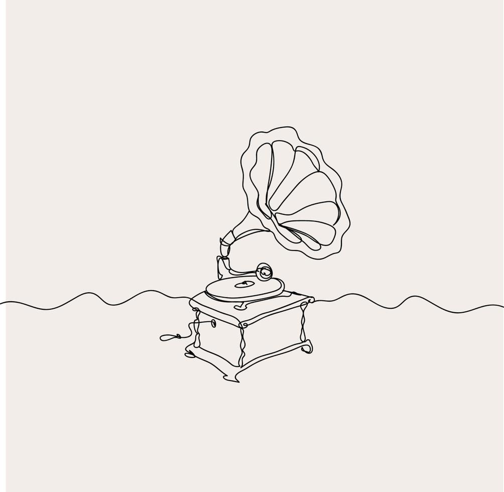 Minimalist Gramophone Record Player Line art, Vinyl Music, Musical Outline Drawing, Vector Illustration